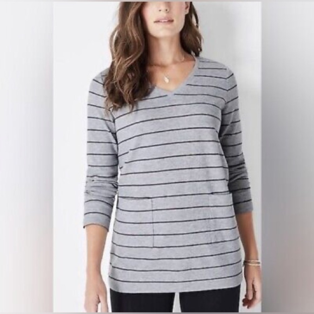 J Jill Tunic Pullover Narrow Ribbed Patch Pocket Gray Black Stripe Top Size XL